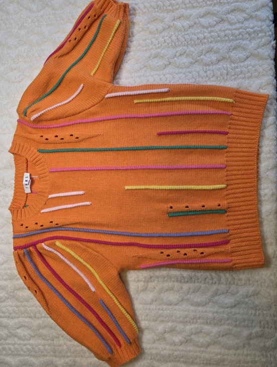 THML Sweaters - THML Bright Orange Short-Sleeve Crewneck Sweater with Multicolor Raised Stripes